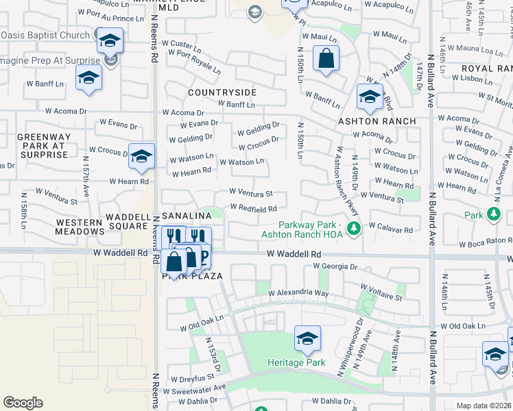 map of restaurants, bars, coffee shops, grocery stores, and more near 15208 W Redfield Rd in Surprise