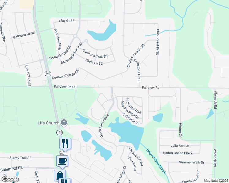 map of restaurants, bars, coffee shops, grocery stores, and more near 5 Lakeside Circle in Covington
