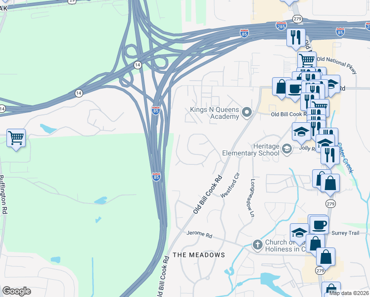 map of restaurants, bars, coffee shops, grocery stores, and more near 2819 High Tide Drive in College Park