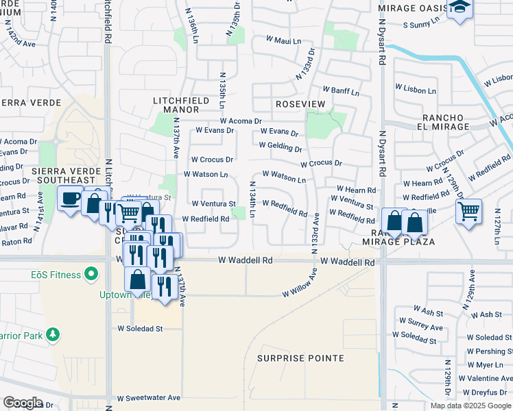 map of restaurants, bars, coffee shops, grocery stores, and more near 14123 North 134th Lane in Surprise