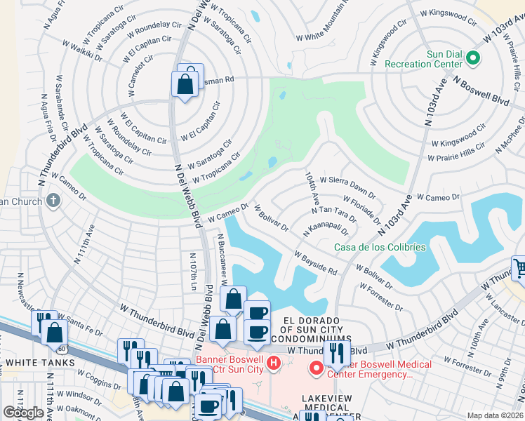 map of restaurants, bars, coffee shops, grocery stores, and more near 10602 West Bolivar Drive in Sun City