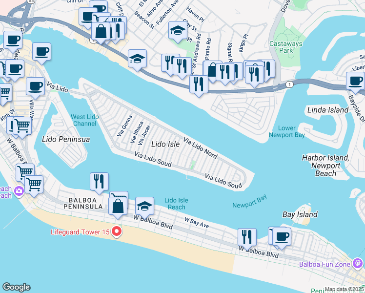 map of restaurants, bars, coffee shops, grocery stores, and more near 218 Via Quito in Newport Beach