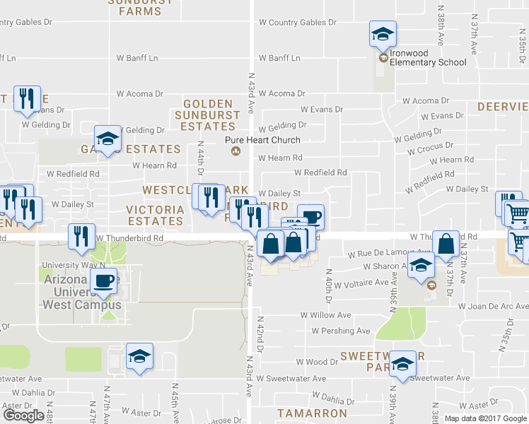 map of restaurants, bars, coffee shops, grocery stores, and more near 13823 North 42nd Lane in Phoenix