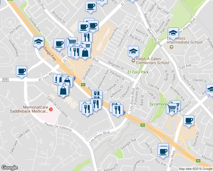 map of restaurants, bars, coffee shops, grocery stores, and more near 24561 Ansdell Circle in Lake Forest