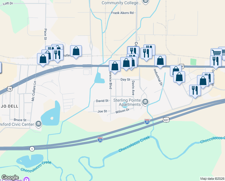 map of restaurants, bars, coffee shops, grocery stores, and more near 119 Florence Boulevard in Oxford