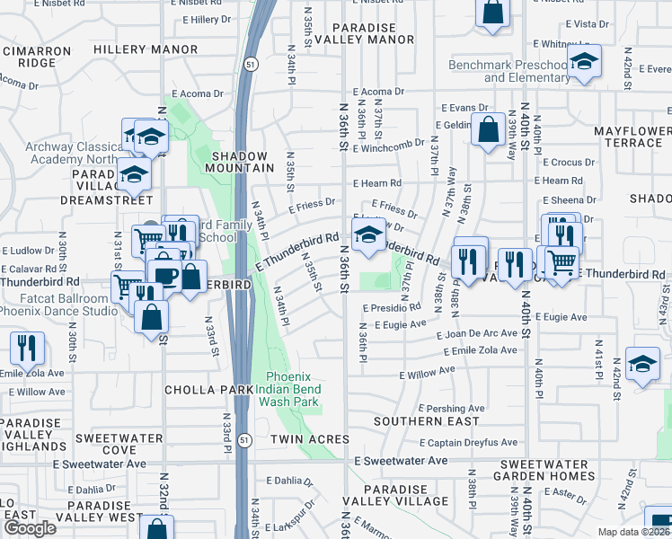 map of restaurants, bars, coffee shops, grocery stores, and more near 3540 East Voltaire Avenue in Phoenix