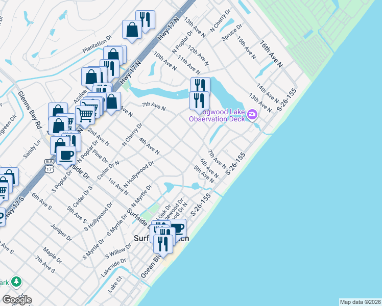 map of restaurants, bars, coffee shops, grocery stores, and more near 513 6th Avenue North in Surfside Beach