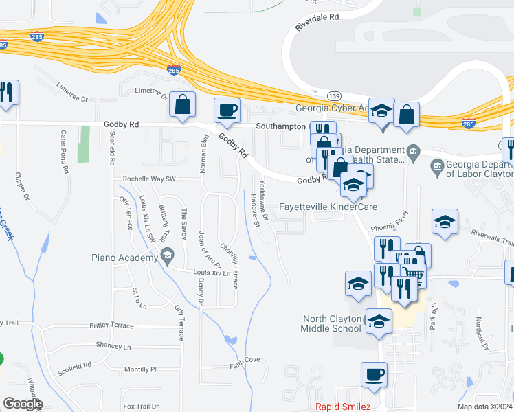 map of restaurants, bars, coffee shops, grocery stores, and more near 5238 Hanover Street in Atlanta
