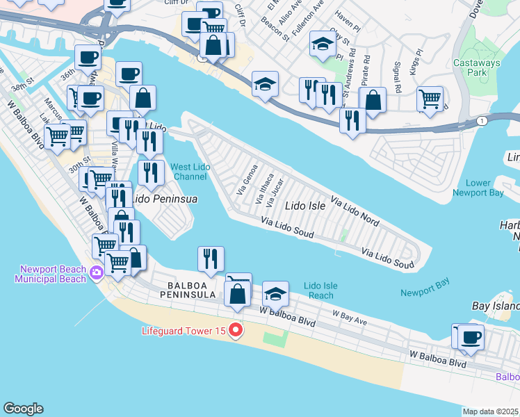 map of restaurants, bars, coffee shops, grocery stores, and more near 112 Via Ithaca in Newport Beach
