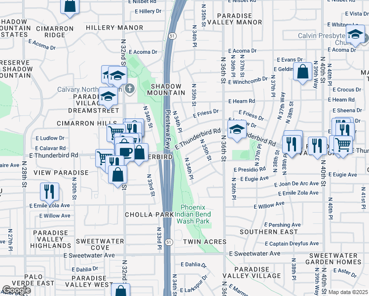 map of restaurants, bars, coffee shops, grocery stores, and more near 3445 East Thunderbird Road in Phoenix