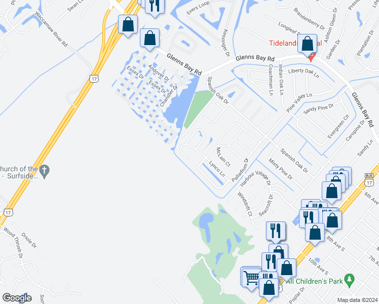 map of restaurants, bars, coffee shops, grocery stores, and more near 207 Lynco Lane in Surfside Beach