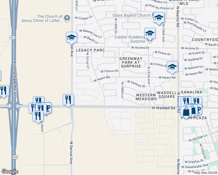 map of restaurants, bars, coffee shops, grocery stores, and more near 15954 West Redfield Road in Surprise
