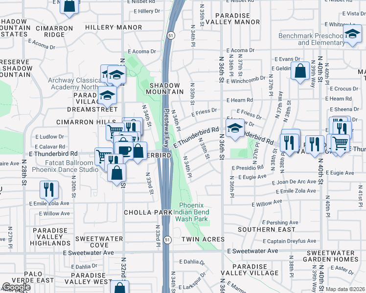 map of restaurants, bars, coffee shops, grocery stores, and more near 3445 East Thunderbird Road in Phoenix