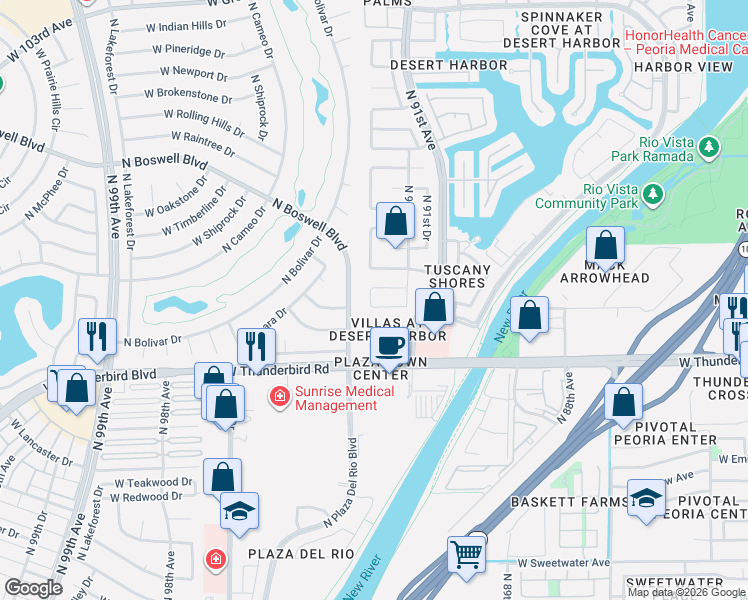 map of restaurants, bars, coffee shops, grocery stores, and more near 14022 North 92nd Avenue in Peoria