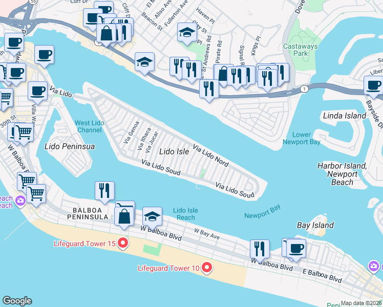 map of restaurants, bars, coffee shops, grocery stores, and more near 218 Via Quito in Newport Beach