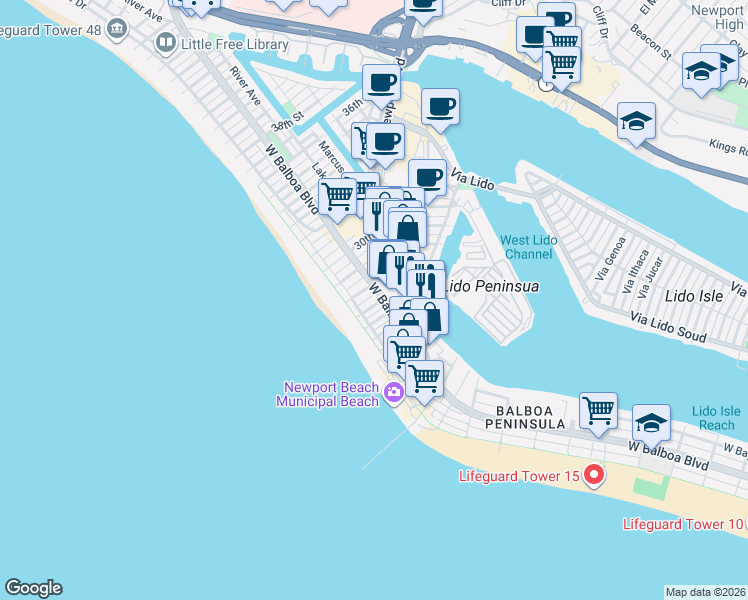 map of restaurants, bars, coffee shops, grocery stores, and more near 2727 Newport Boulevard in Newport Beach