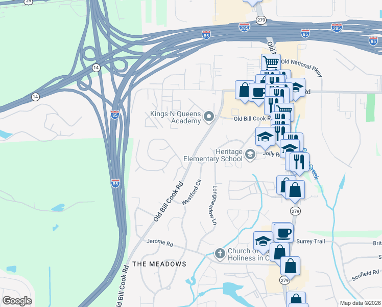 map of restaurants, bars, coffee shops, grocery stores, and more near 5275 Old Bill Cook Road in Atlanta
