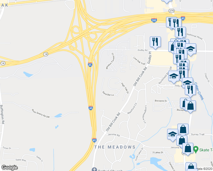 map of restaurants, bars, coffee shops, grocery stores, and more near 2819 High Tide Drive in College Park