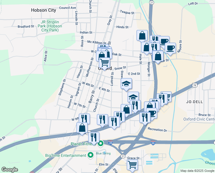 map of restaurants, bars, coffee shops, grocery stores, and more near 116 East 3rd Street in Oxford