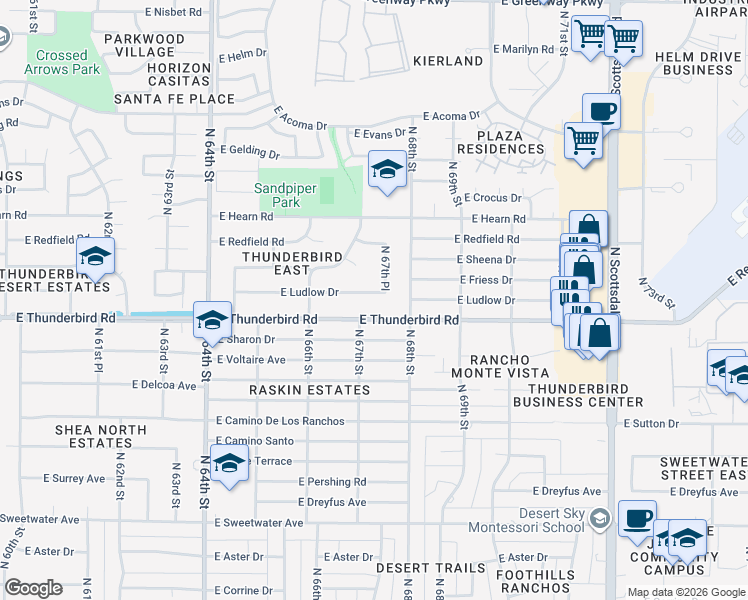map of restaurants, bars, coffee shops, grocery stores, and more near 6735 East Ludlow Drive in Scottsdale