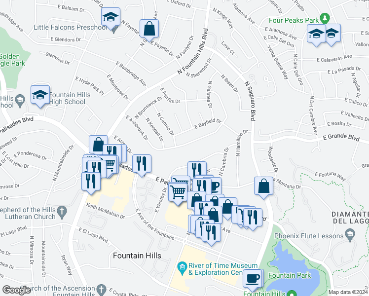 map of restaurants, bars, coffee shops, grocery stores, and more near 16617 East Ashbrook Drive in Fountain Hills