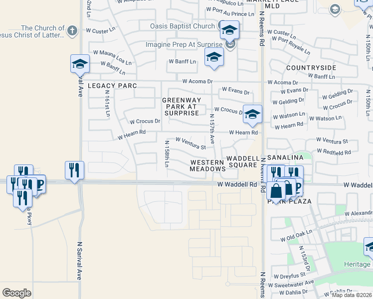 map of restaurants, bars, coffee shops, grocery stores, and more near 15834 West Redfield Road in Surprise