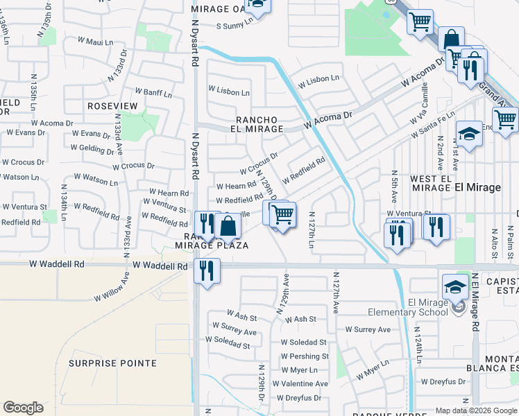 map of restaurants, bars, coffee shops, grocery stores, and more near 12954 West Via Camille in El Mirage