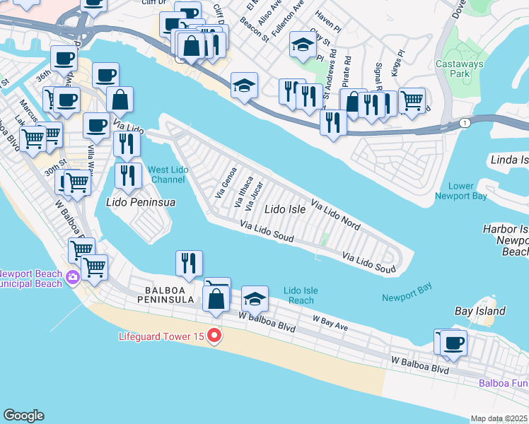 map of restaurants, bars, coffee shops, grocery stores, and more near 124 Via Lorca in Newport Beach