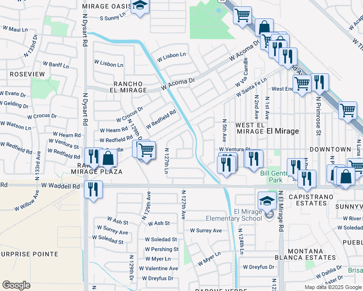 map of restaurants, bars, coffee shops, grocery stores, and more near 12730 West Well Street in El Mirage