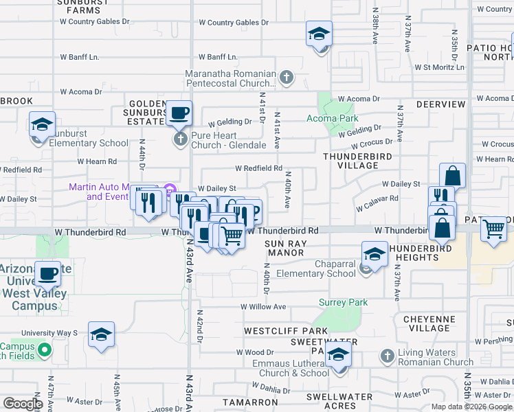 map of restaurants, bars, coffee shops, grocery stores, and more near 4122 West Calavar Road in Phoenix