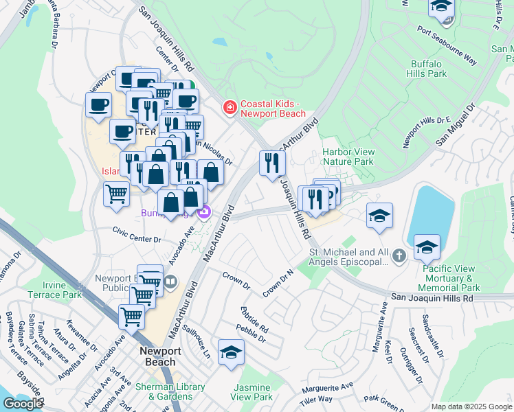 map of restaurants, bars, coffee shops, grocery stores, and more near 11 Harbor Island in Newport Beach