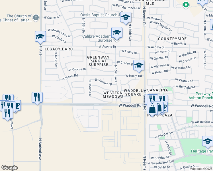 map of restaurants, bars, coffee shops, grocery stores, and more near 15757 West Ventura Street in Surprise