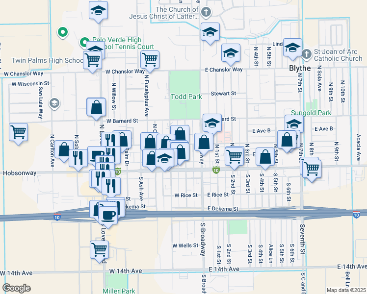map of restaurants, bars, coffee shops, grocery stores, and more near 185 North Spring Street in Blythe