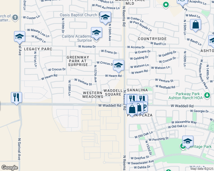 map of restaurants, bars, coffee shops, grocery stores, and more near 15623 West Ventura Street in Surprise