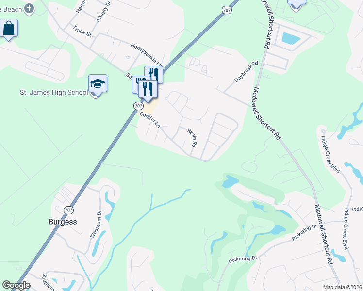 map of restaurants, bars, coffee shops, grocery stores, and more near 9924 Conifer Lane in Murrells Inlet
