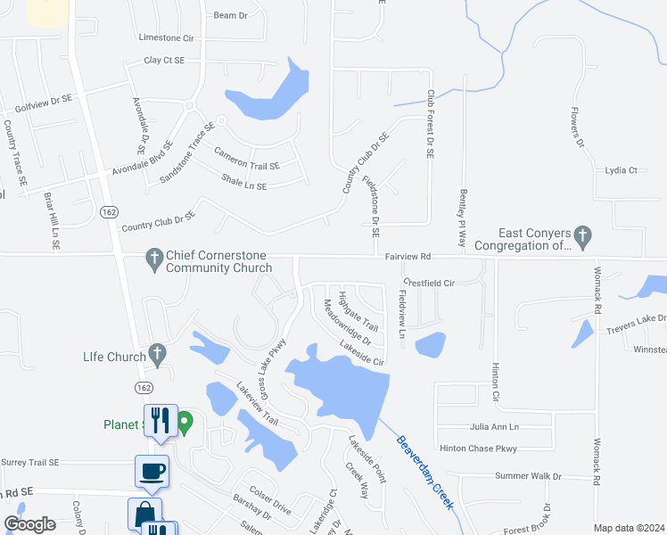 map of restaurants, bars, coffee shops, grocery stores, and more near 2521 Fairview Road in Covington