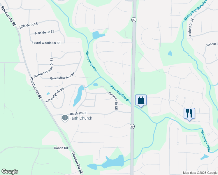 map of restaurants, bars, coffee shops, grocery stores, and more near 2946 Raintree Drive Southeast in Conyers