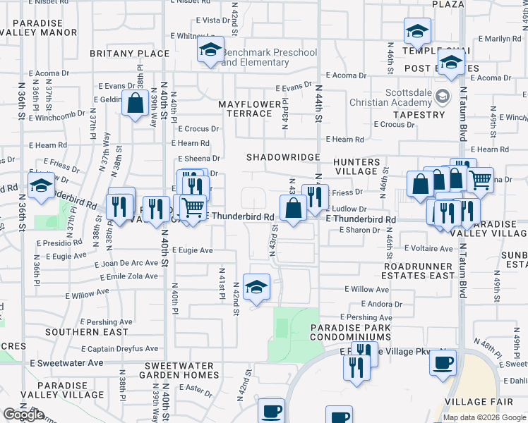 map of restaurants, bars, coffee shops, grocery stores, and more near 4245 East Ludlow Drive in Phoenix