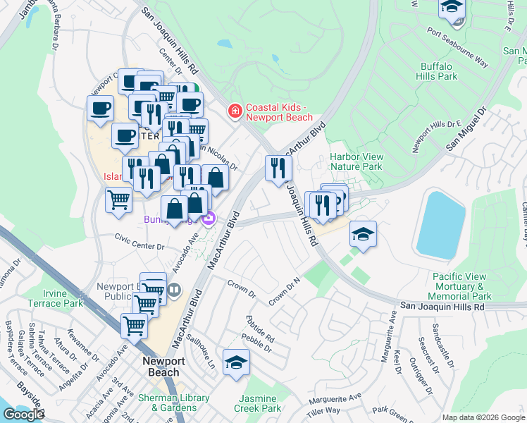 map of restaurants, bars, coffee shops, grocery stores, and more near 7 Harbor Pointe Drive in Newport Beach