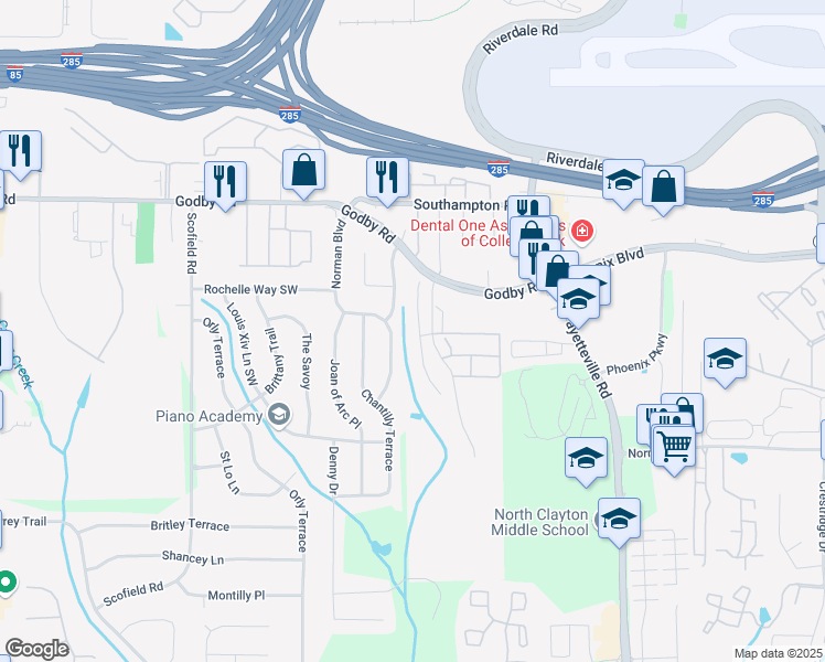 map of restaurants, bars, coffee shops, grocery stores, and more near 5235 Hanover Street in Atlanta