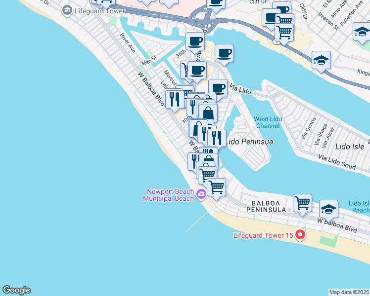 map of restaurants, bars, coffee shops, grocery stores, and more near 112 28th Street in Newport Beach