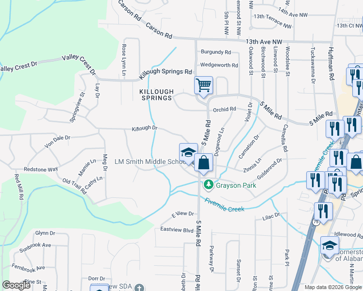map of restaurants, bars, coffee shops, grocery stores, and more near 361 Killough Drive in Birmingham
