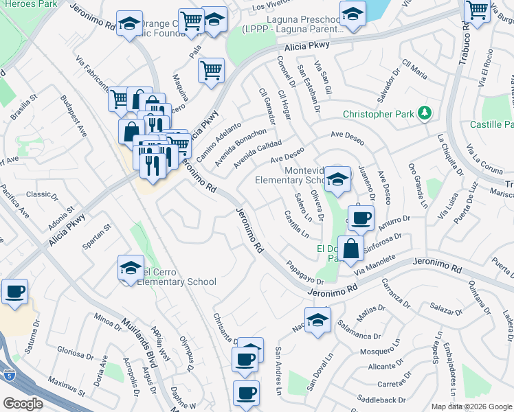 map of restaurants, bars, coffee shops, grocery stores, and more near 24152 Barquero Drive in Mission Viejo