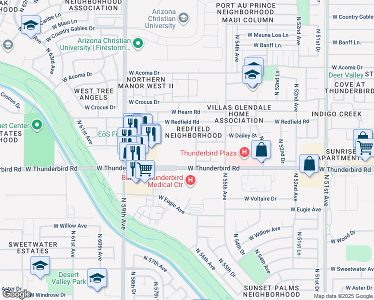 map of restaurants, bars, coffee shops, grocery stores, and more near 5620 West Thunderbird Road in Glendale