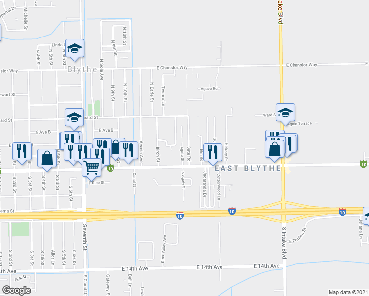 map of restaurants, bars, coffee shops, grocery stores, and more near 1495 East Hobsonway in Blythe