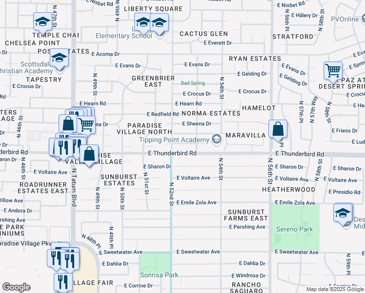 map of restaurants, bars, coffee shops, grocery stores, and more near 5201 East Ludlow Drive in Scottsdale