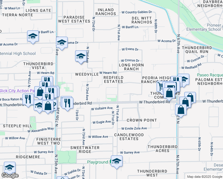 map of restaurants, bars, coffee shops, grocery stores, and more near 7131 West Ludlow Drive in Peoria
