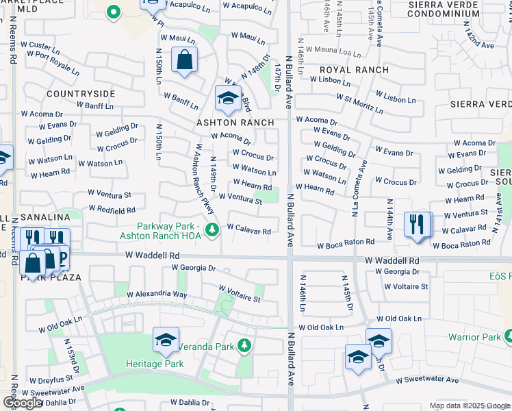 map of restaurants, bars, coffee shops, grocery stores, and more near 14813 West Ventura Street in Surprise