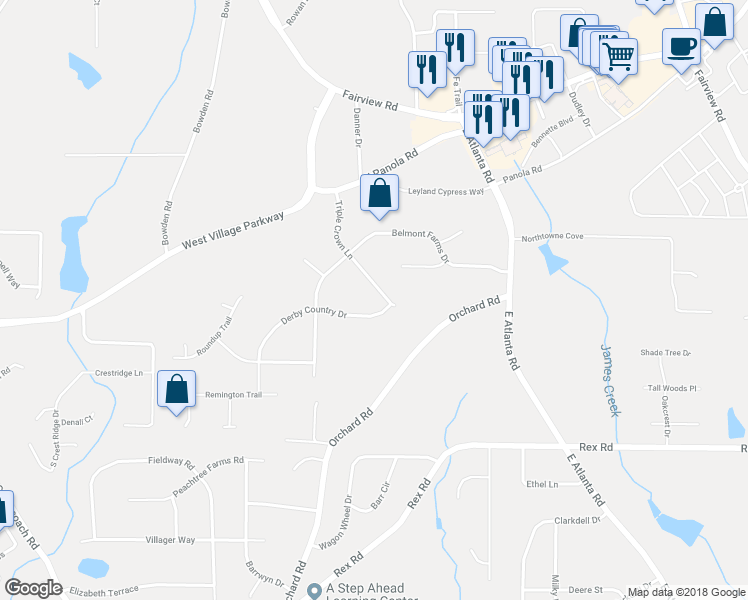 map of restaurants, bars, coffee shops, grocery stores, and more near 140 Triple Crown Lane in Ellenwood