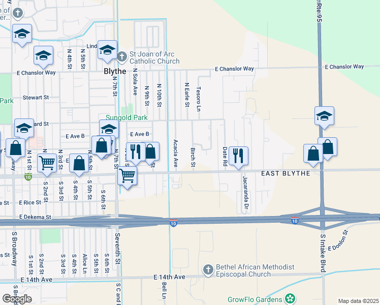 map of restaurants, bars, coffee shops, grocery stores, and more near 171 Birch Street in Blythe